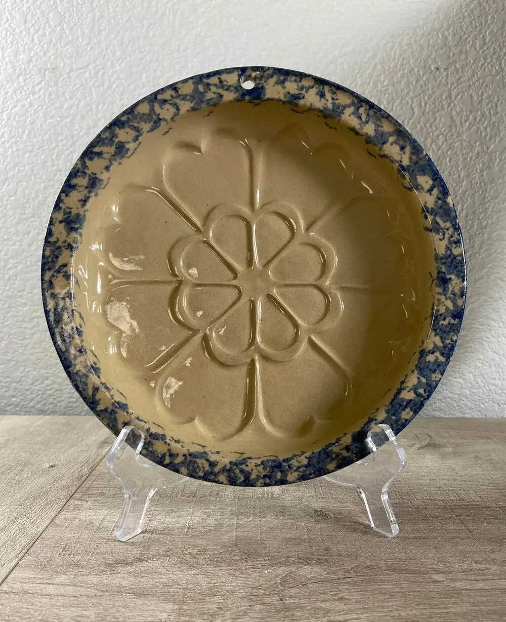 Vintage Pie Plate Speckled Blue Beige Rim Hearts Stoneware